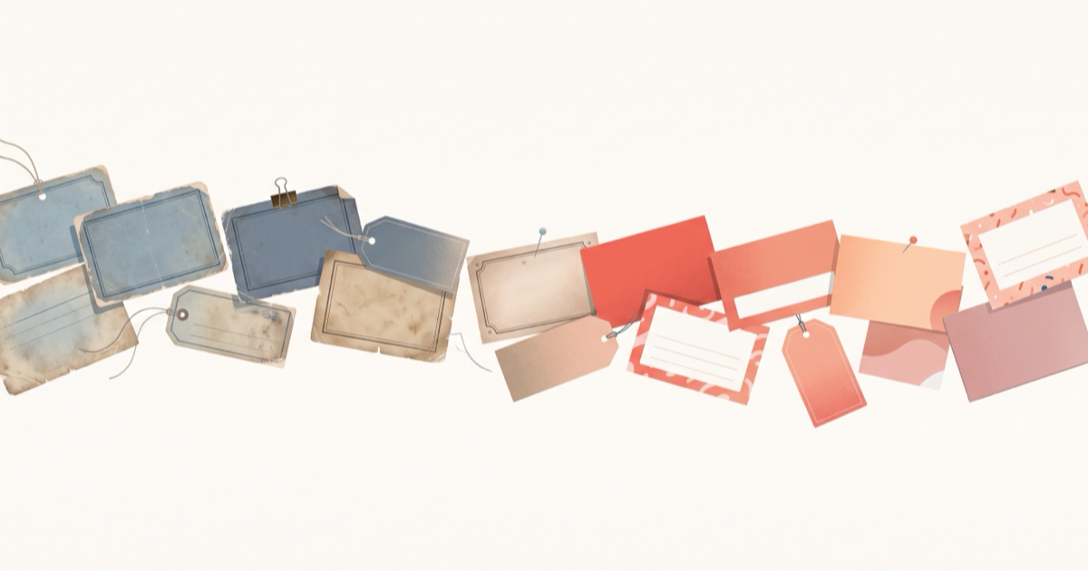 Vintage blue name tags on the left turning into modern coral tags on the right