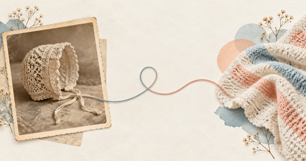 A sepia photograph of a lace baby bonnet joined by a thread to a modern knitted baby blanket