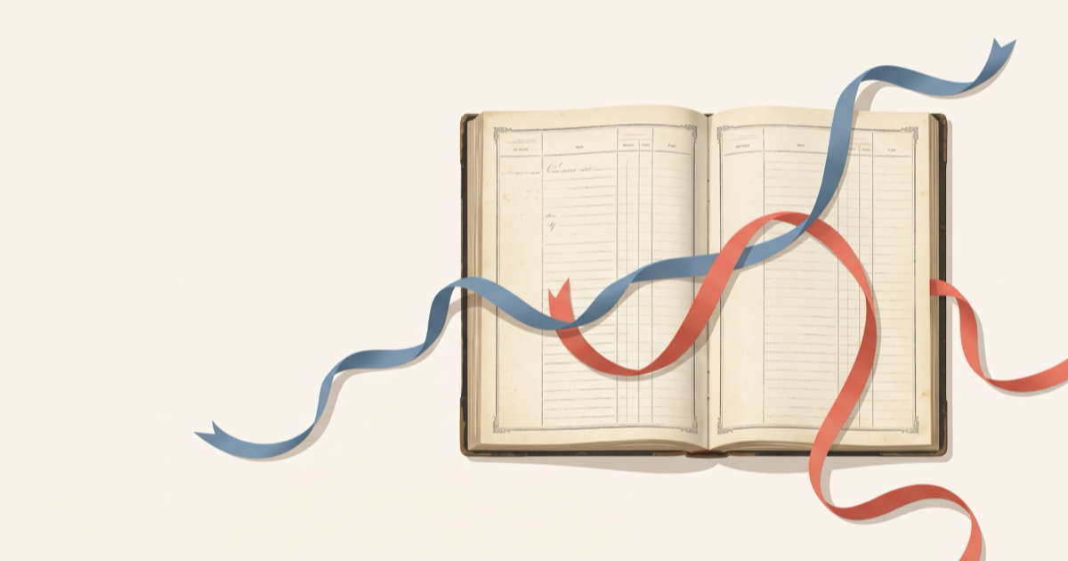 An old open birth register with a blue and a coral ribbon crossing between its pages