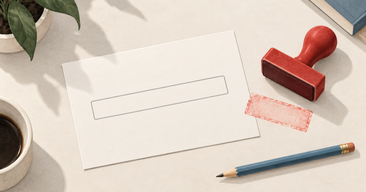 A blank paper form with an empty field, a red rubber stamp and its blank ink mark, and a blue pencil