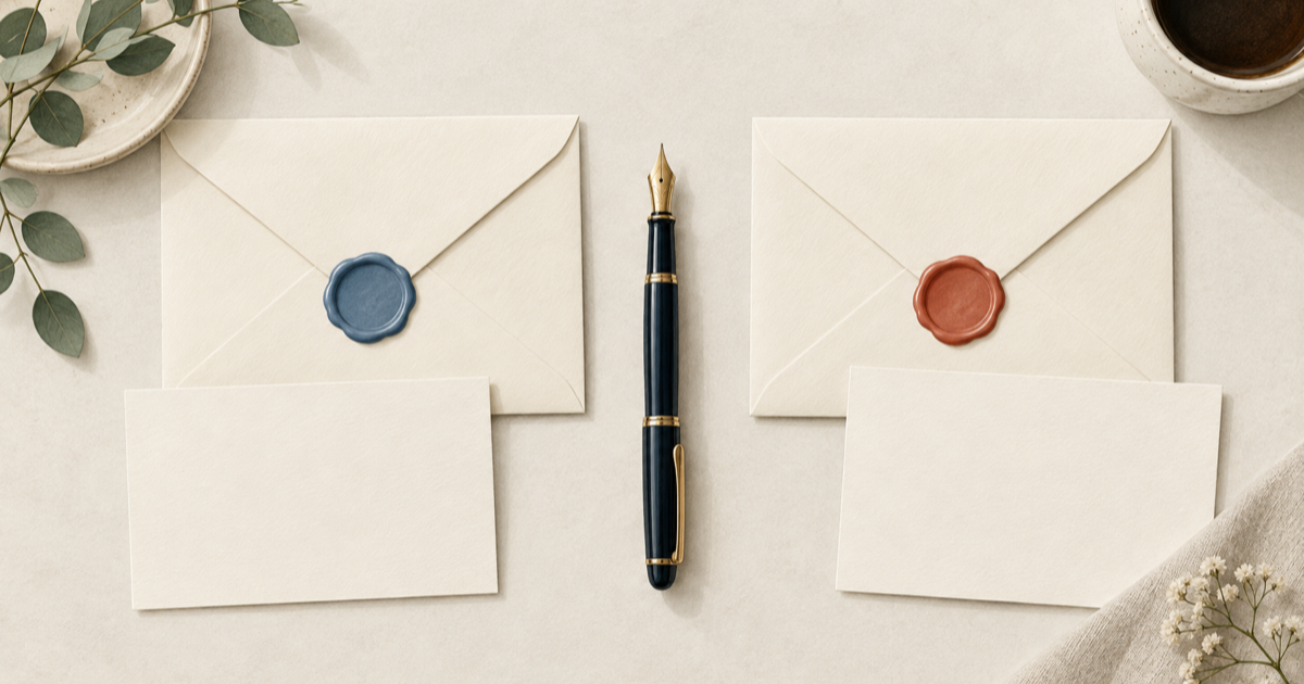 Two cream envelopes with blank cards, one sealed with blue wax and one with coral wax, and a fountain pen between them